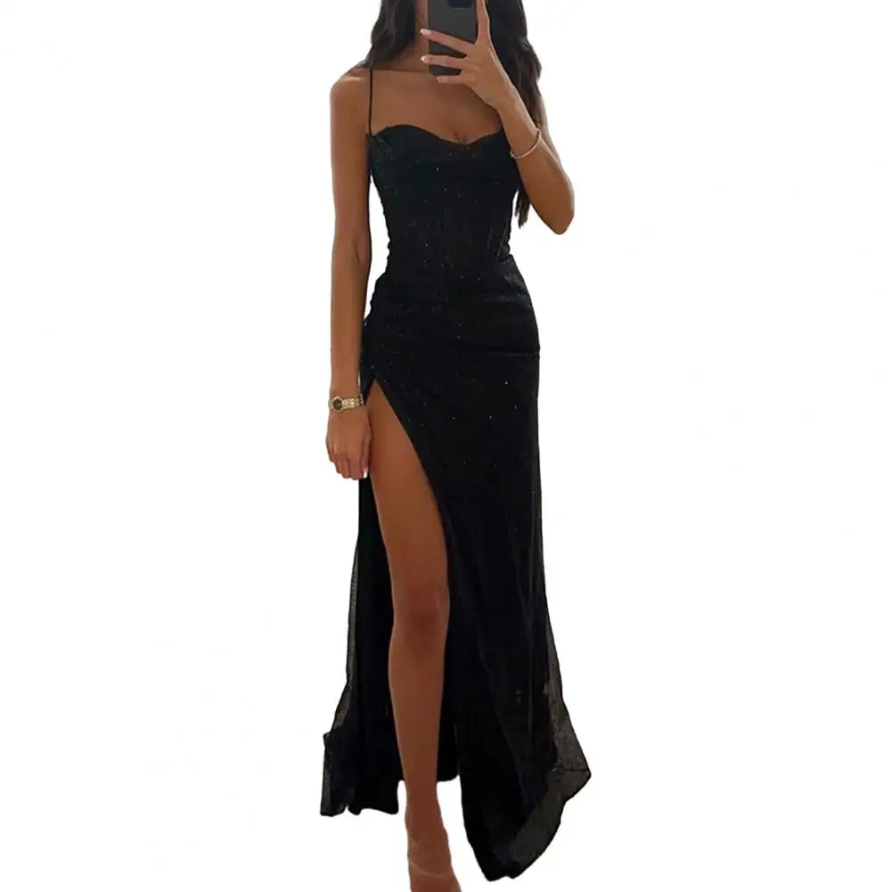 Women Evening Dress Shiny Sequin Spaghetti Strap Maxi Dress Off Shoulder Sleeveless Low-cut High Split High Waist Prom Dress