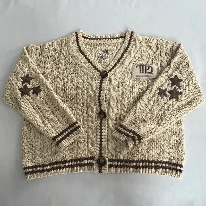 Khaki Cardigans with Star Embroidered Female Winter Autumn Knitted Cardigan Women Holiday Loose Fit V-neck Oversized Sweater Top