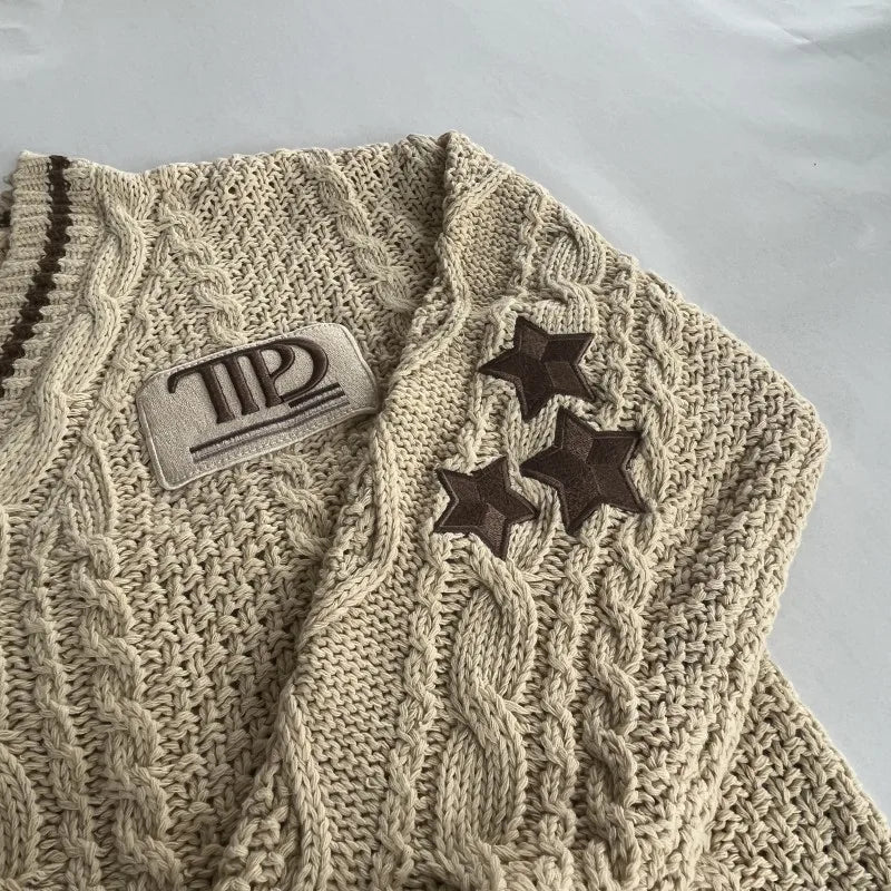 Khaki Cardigans with Star Embroidered Female Winter Autumn Knitted Cardigan Women Holiday Loose Fit V-neck Oversized Sweater Top