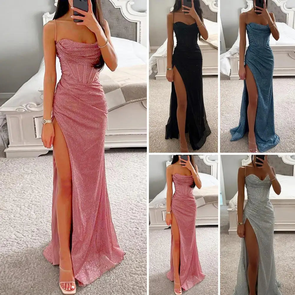 Women Evening Dress Shiny Sequin Spaghetti Strap Maxi Dress Off Shoulder Sleeveless Low-cut High Split High Waist Prom Dress