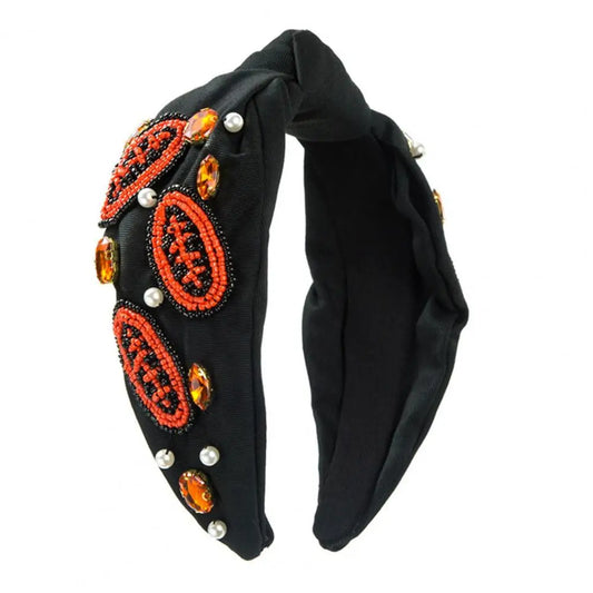 Women Football Knotted Headband Game Day Sports Hairband Faux Pearl Rhinestones Wide Top Knot Hair Hoop Hair Accessories