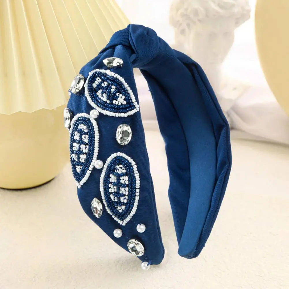 Women Football Knotted Headband Game Day Sports Hairband Faux Pearl Rhinestones Wide Top Knot Hair Hoop Hair Accessories