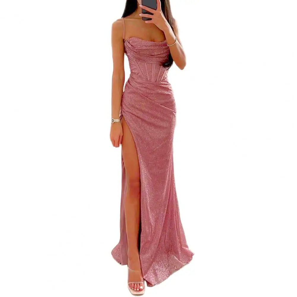 Women Evening Dress Shiny Sequin Spaghetti Strap Maxi Dress Off Shoulder Sleeveless Low-cut High Split High Waist Prom Dress