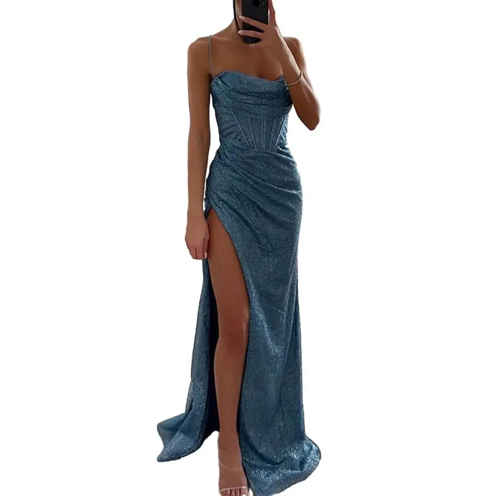 Women Evening Dress Shiny Sequin Spaghetti Strap Maxi Dress Off Shoulder Sleeveless Low-cut High Split High Waist Prom Dress