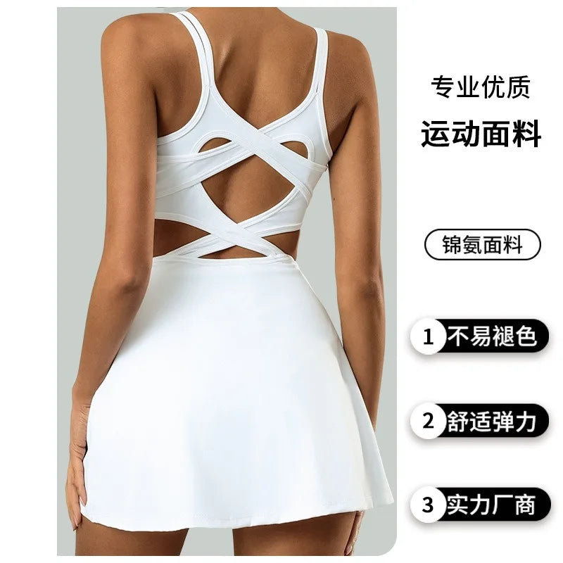 Sports Jumpsuit for Women, High Elasticity, Chest Pad, Beautiful Back, Cross Over, Anti Glare, Tennis Skirt, Sports Dress