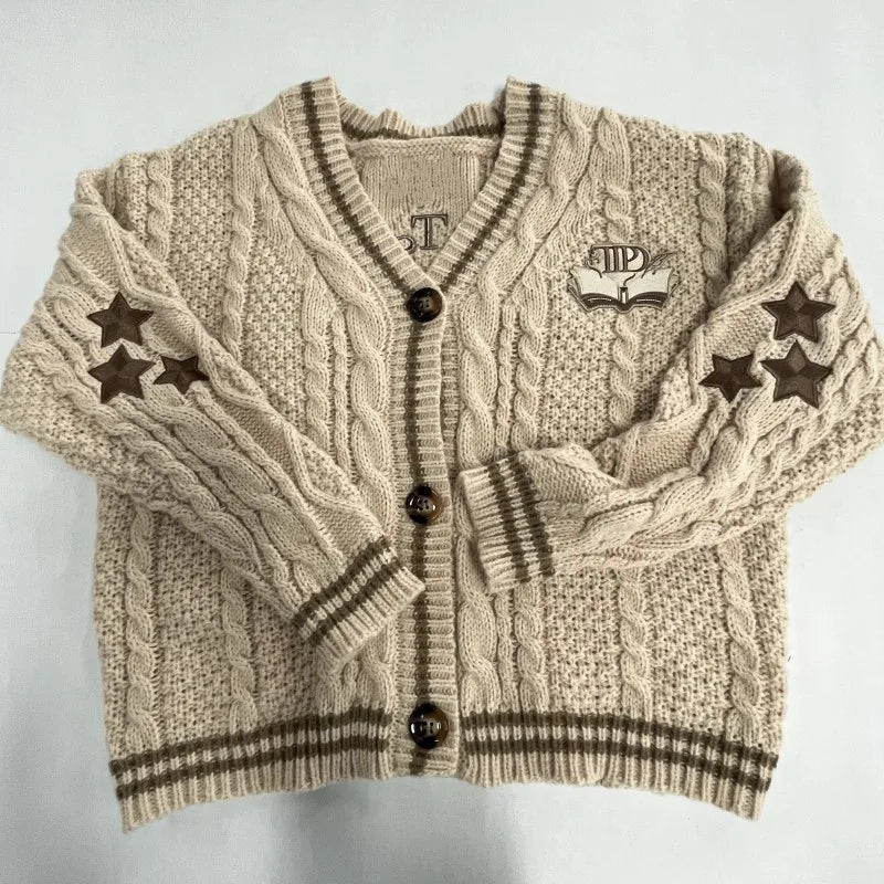 Khaki Cardigans with Star Embroidered Female Winter Autumn Knitted Cardigan Women Holiday Loose Fit V-neck Oversized Sweater Top