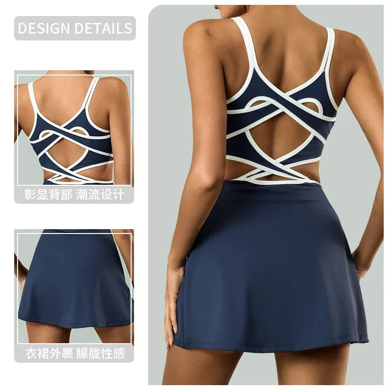 Sports Jumpsuit for Women, High Elasticity, Chest Pad, Beautiful Back, Cross Over, Anti Glare, Tennis Skirt, Sports Dress