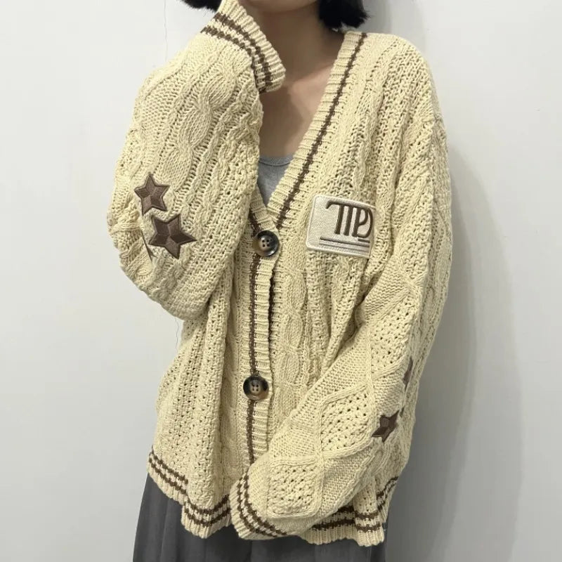 Khaki Cardigans with Star Embroidered Female Winter Autumn Knitted Cardigan Women Holiday Loose Fit V-neck Oversized Sweater Top