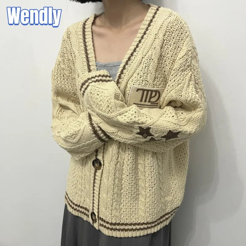 Khaki Cardigans with Star Embroidered Female Winter Autumn Knitted Cardigan Women Holiday Loose Fit V-neck Oversized Sweater Top