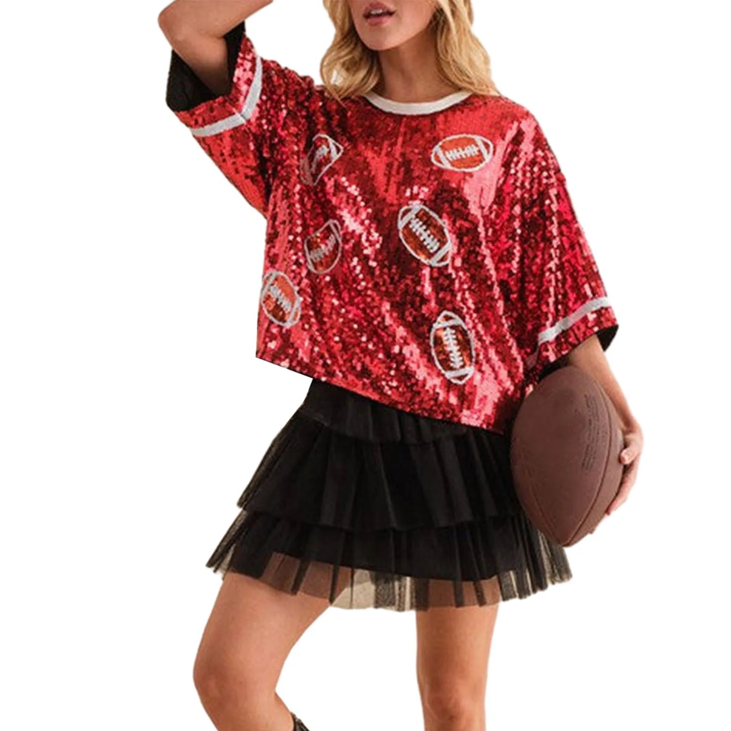 Women Sparkly Sequin Shirt Rugby Football Graphic Glitter Tops Crewneck Loose Pullovers Game Day Streetwear