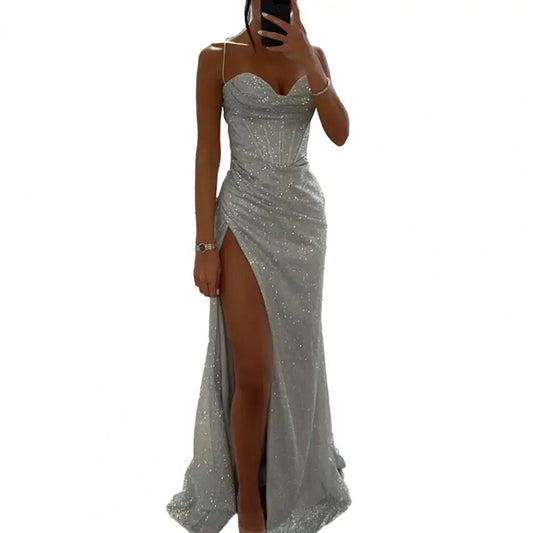 Women Evening Dress Shiny Sequin Spaghetti Strap Maxi Dress Off Shoulder Sleeveless Low-cut High Split High Waist Prom Dress